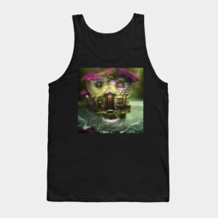 Sparkling Fantasy Cottage with Lights and Glitter Background in Forest, Scenery Nature Tank Top